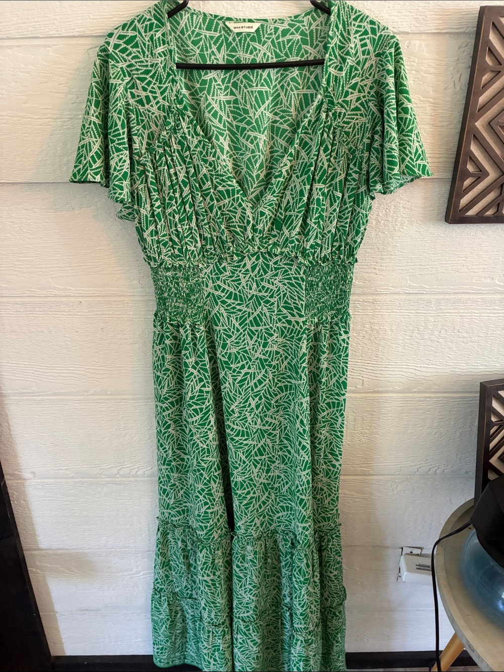 Max Studio Green Printed V-Neck Maxi Dress